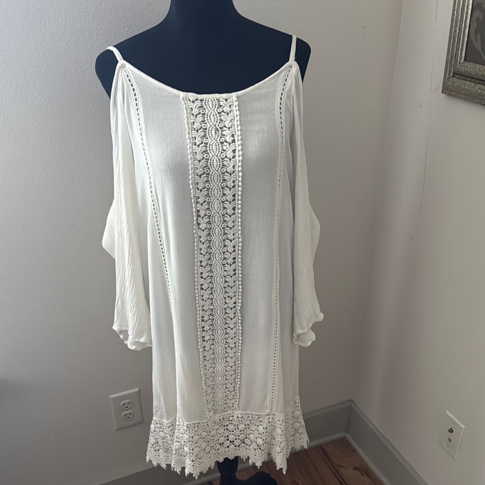 Cute Options ivory lace trim cold shoulder gauze cotton dress Sz‎ M-L